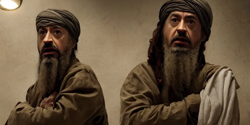 Image similar to Robert Downey Jr. as Osama Bin Laden in 'Big Bin' (2025), movie still frame, oscar nominated cinematography, volumetric lighting, 8k resolution, beautiful composition