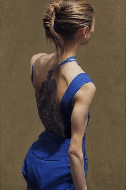 Prompt: girl with messy ponytail hairstyle, back view, blue camisole, shoulder tattoo, jeremy lipking, joseph todorovitch