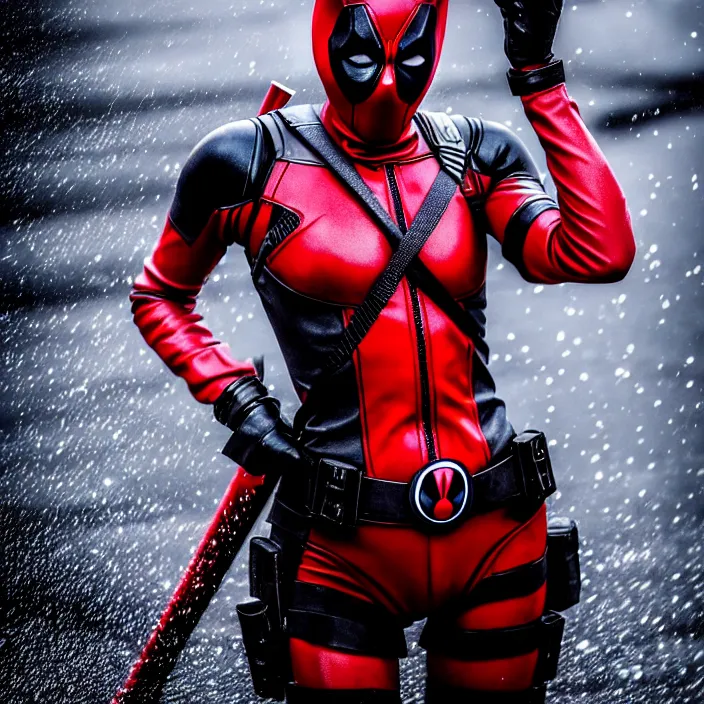 Image similar to fully body pose, photo of a very beautiful!! victoria secret model with deadpool mask on, wet, raining, 8 k, hdr, smooth, sharp focus, high resolution, award - winning photo, trending on artstation, dslr, 5 0 mm