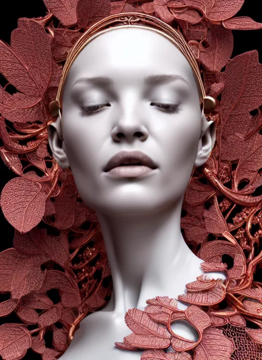 Image similar to complex 3d render ultra detailed of a beautiful porcelain profile woman face, mechanical cyborg, 150 mm, beautiful studio spotlight, rim light, silver gold red details, fine filigran foliage lace, magnolia big leaves and stems, roots, mesh wire, Alexander Mcqueen haute couture, luxurious, intricate details, hyper realistic, mandelbrot fractal, anatomical, facial muscles, cable wires, microchip, elegant, octane render, H.R. Giger style, 8k
