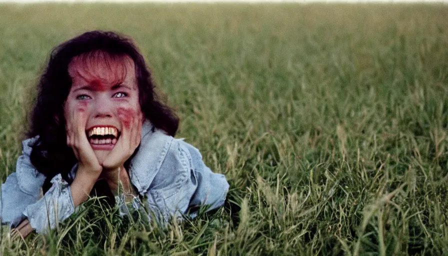 Image similar to 7 0 s film still from a horror movie about a young adult with no teeth in a field, kodachrome, cinecolor, cinestill, film grain, film texture, retro, cinematic, high resolution, photorealism,