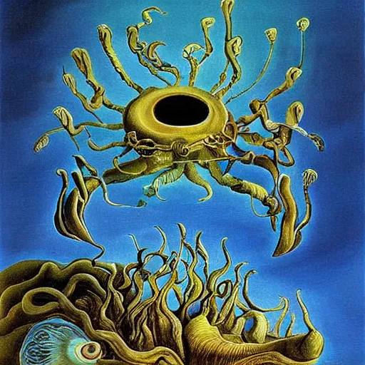 Image similar to deep sea plant life creature, surreal painting, dali style,