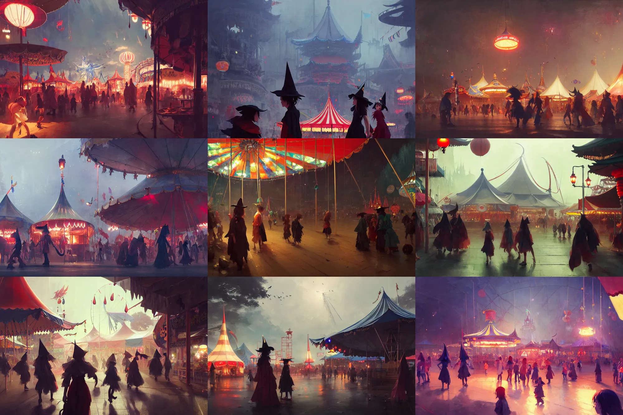 Image similar to close - up of student witches exploring small carnival amusement, food stalls, big top circus tent, roaming entertainers, flashing lights, highly detailed, magical, japan mountains, digital painting, concept art, matte, art by ruan jia and wlop and greg rutkowski and makoto shinkai, masterpiece