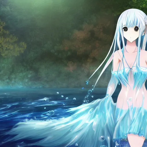 Image similar to a very beautiful anime girl wearing a dress made of water standing in a crystal lake , full body, long white hair with azure blue highlights blending into the dress , azure blue watery eyes, full round face, in a bath, seductive over the shoulder glances , lens flare, cinematic lighting, medium shot, mid-shot, highly realistically detailed, trending on pixiv , Unreal Engine 4k, Stanley Artgerm Lau, WLOP, Rossdraws, James Jean, Andrei Riabovitchev, Marc Simonetti, and Sakimichan
