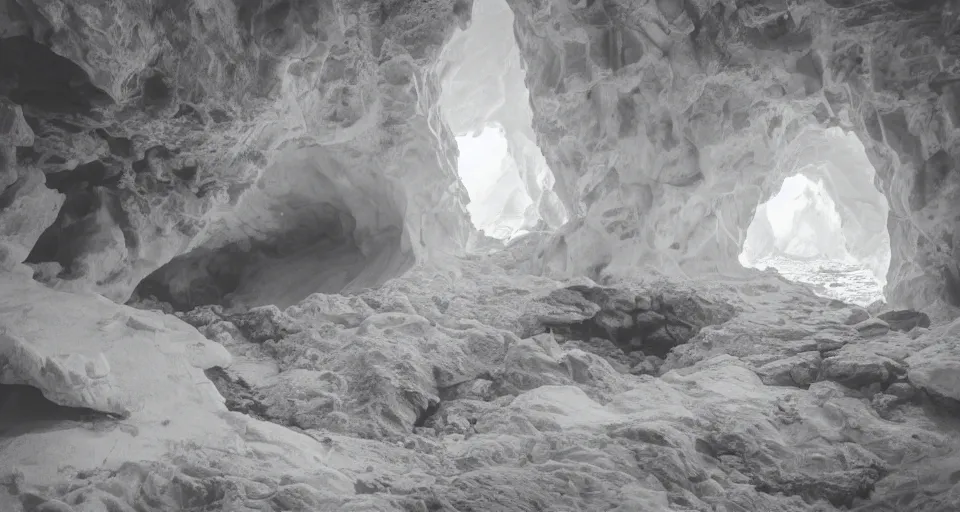 Image similar to white seashell house cave, atmospheric cinematography