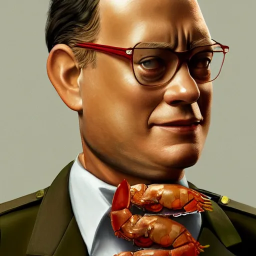 Prompt: tom hanks as forrest gump wears a giant shrimp around the neck, photorealistic, cgsociety, artstation