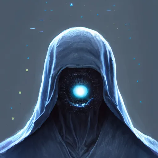 Prompt: award - winning. trending on artstation. 4 k. a faceless astral figure wearing a hooded cape made of the night sky with 1 dark blue glowing eye on its face and rows of teeth on its chest. full - body.