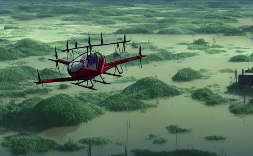 Image similar to a close - up detailed cell - shaded cartoon movie still from howl's moving castle ( 2 0 0 4 ) of a gyrocopter in a flooded rainforest valley. stonehenge is seen in the background with shafts of sunlight from above. very dull muted colors, hd, 4 k, hq