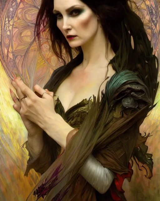 Image similar to daniel gerhartz, wlop, tom baghshaw, alfons mucha detailed portrait digital painting of a beautiful serious villainess wearing fantasy clothing like liliana vess, villainess has black angel wings, evil mood, hellish battlefield in the background, embers flying, unreal engine, hyper realism, realistic shading, cinematic composition, blender render, octane render, ultrawide shot