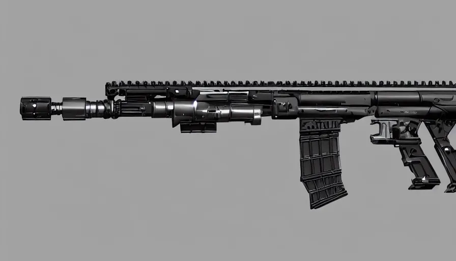 Prompt: extremely detailed ultra realistic side view photo sci fi minimalist assault rifle coilgun, detailed trigger, chemically propelled, electric, white paint, smooth streamline, elegant sleek smooth body, wires, railgun, chemrail, gauss, smooth utopian design, ultra high quality, octane, cod, destiny, warframe, terminator