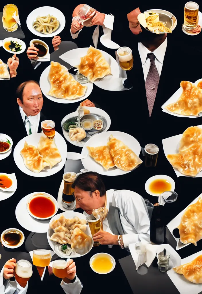 Image similar to businessmen eating gyoza and drinking beer at a nighttime izakaya in shinbashi tokyo, japan, a collage painting, in the style of wes anderson, lola dupre, david hockney, isolated on negative white space background dark monochrome fluorescent neon spraypaint accents volumetric octane render