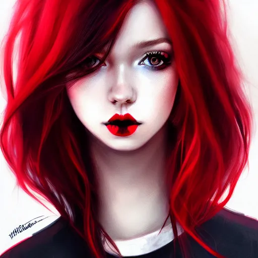 Image similar to a realistic illustration portrait of a beautiful cute girl with wavy black and red hair, a pointy nose and, round chin black eyeliner, trending on artstation, dynamic, asymmetrical, hyper - realistic lighting, intricate, ross tran, realistic hair