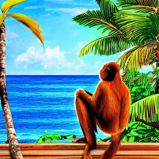 Prompt: monkey staring out into the ocean on a tropical island, hyper detailed, hyper realistic, bright colors, beautiful