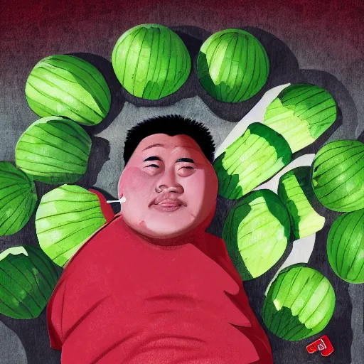 Prompt: a chinese fat guy lay on the ground with blood in a melon stall,digital art