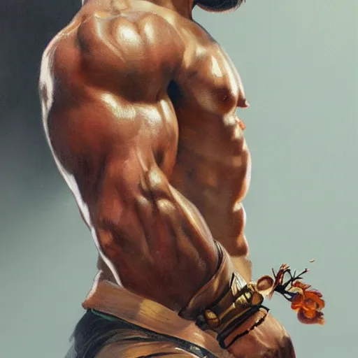 Prompt: A head-on detailed oil portrait of muscular martial artist with orchid tattoos on his arm by greg rutkowski and artgerm, trending on artstation