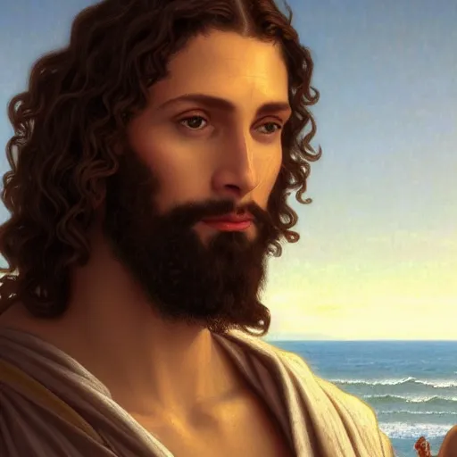 Image similar to an extremely detailed illuminated manuscript of a ridiculously good looking jesus that looks like a jewish gigachad, long curly hair, elegant ancient greek dress, very detailed, windy beach, beautiful, intricate, cinematic, artstation, william bouguereau, alphonse mucha, greg rutkowski, rossdraws, octane render