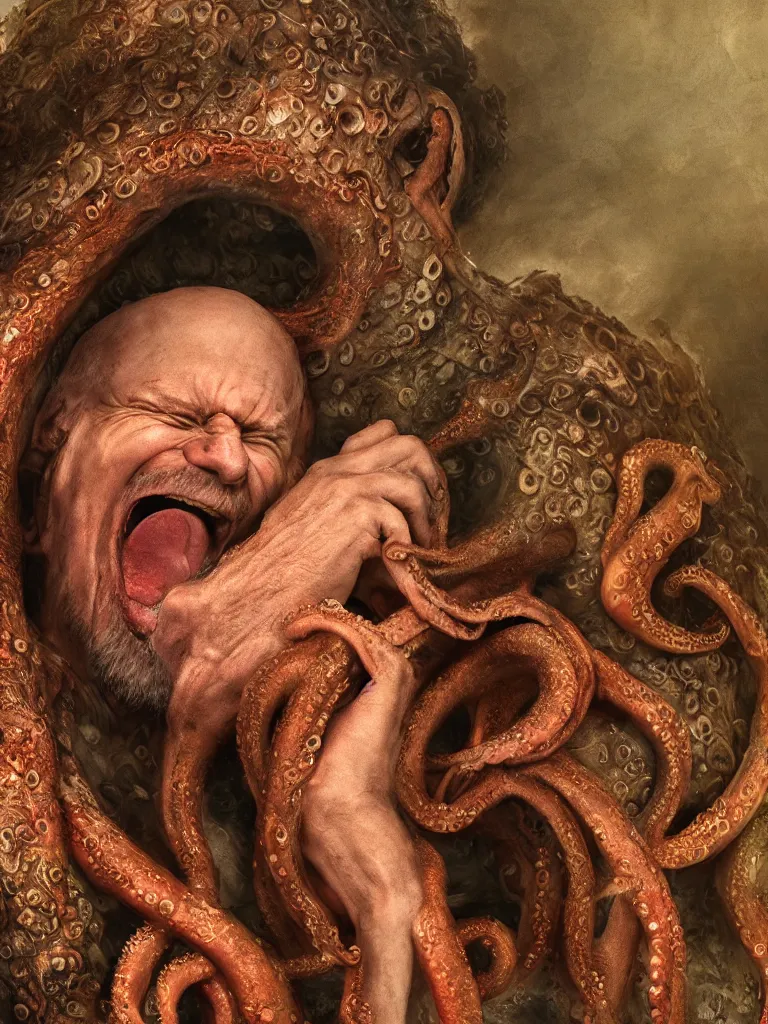 Image similar to a widescreen colorchrome closeup detailed portrait photo of a medieval old happy screaming priest, holding a detailed detailed detailed giant giant octopus, style steve mccurry octane render 8 k