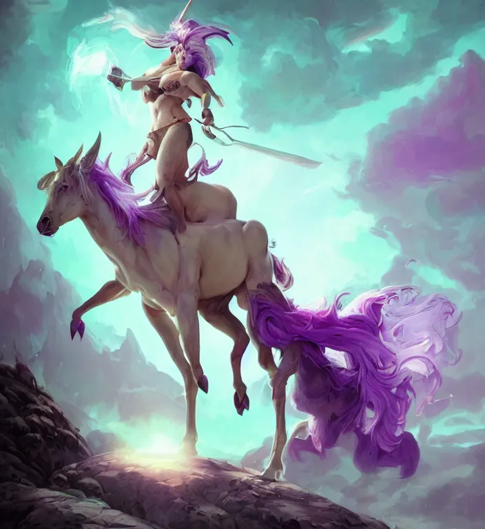 Image similar to a majestic female centaur with white wings and with a horn on the forehead and purple hair and elf ears, backlit, strong rim light, highly detailed, digital painting, by Alvaro Castagnet + Peter Mohrbacher + Dan Mumford + vivid colors + high contrast, 8k resolution, intricate, photorealistic, smooth