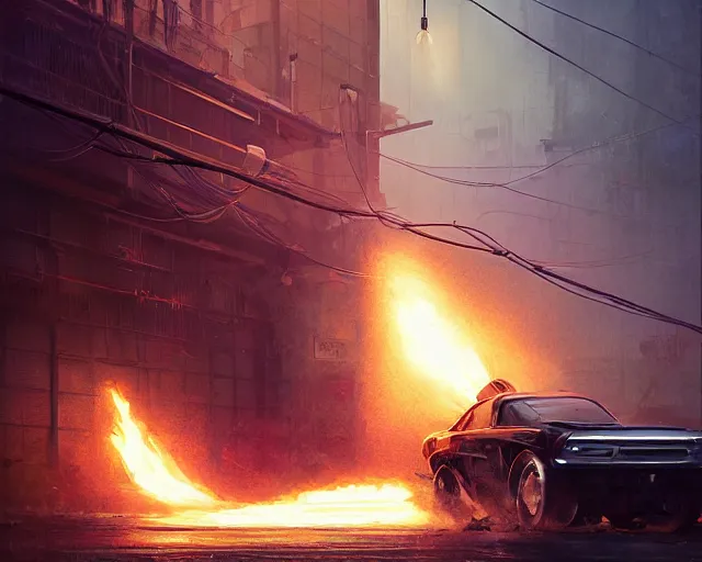 Image similar to awoke to the violent crunch of metal on wood, radiator, sweet smells of antifreeze and gasoline, by wlop, artgerm, greg rutkowski, volumetric lighting, movie poster pixar