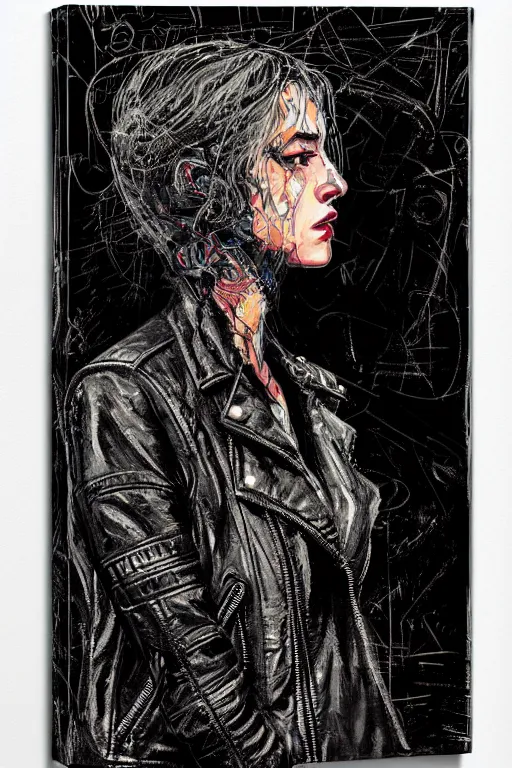 Image similar to dreamy rock girl, black leather jacket, detailed acrylic, grunge, intricate complexity, by dan mumford and by alberto giacometti, peter lindbergh