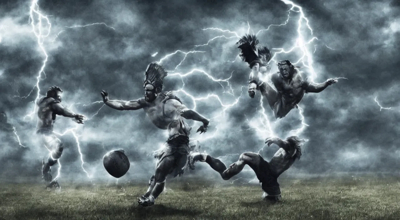 odin playing football vs zeus in stadium in valhalla