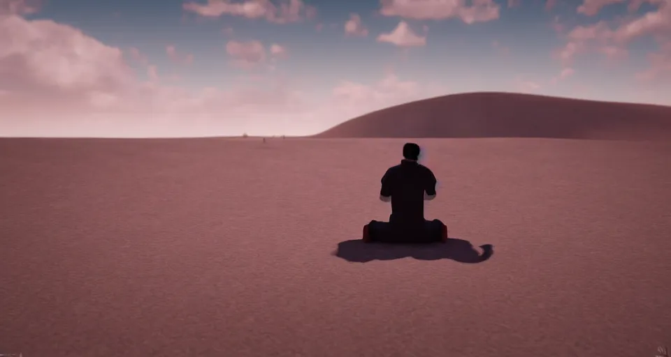 Image similar to a lonely necromancer kneeling on the sand of a mercyless desert, flickering air, hot sun from above, clouds in the sky, the feeling of dread and existential terror, octane render, unreal engine, 8k high definition