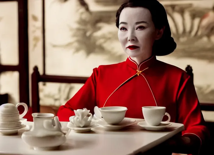 Image similar to movie still of a woman made out of porcelain sitting at a table in a cafe, wearing a red cheongsam, smooth white skin, creepy, directed by Guillermo Del Toro