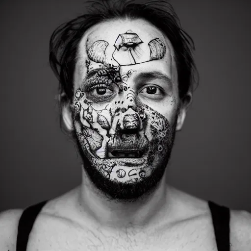 Image similar to symmetrical, close up face portrait of cannibal shia labouf, covered in sesame street tattoos, studio lighting, depth of field, photography, black and white, highly detailed