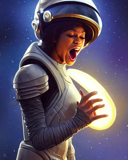 Prompt: zendaya screaming in fear in a space suit with a helmet levitating through the darkness of space, deep focus, D&D, fantasy, intricate, elegant, highly detailed, digital painting, artstation, concept art, matte, sharp focus, illustration, hearthstone, art by Artgerm and Greg Rutkowski and Alphonse Mucha