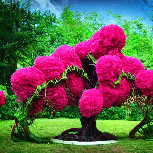 Prompt: wideshot photograph of a massive green vine creature with vine limbs and a pink blooming flower bulb with many sharp teeth