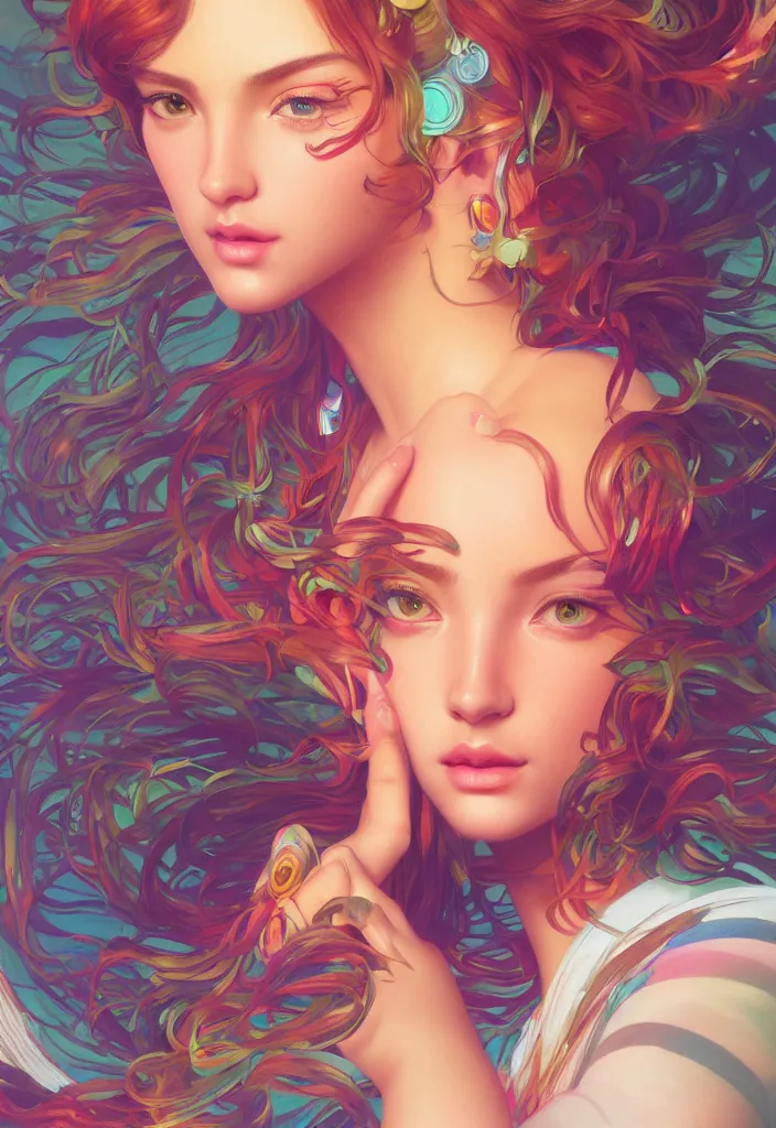 Image similar to beautiful, young woman, detailed gorgeous face, vaporwave aesthetic, synthwave, colorful, psychedelic, artstation, concept art, smooth, extremely sharp detail, finely tuned detail, ultra high definition, 8 k, unreal engine 5, ultra sharp focus, illustration, art by artgerm, greg rutkowski and alphonse mucha