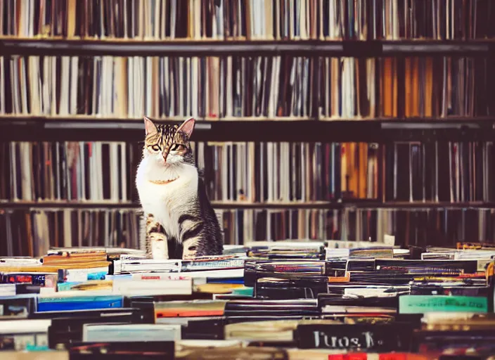 Prompt: photography of a Cat sitting on a pile of books and vinyls. a record player is in the shot. in a room full of vinyls and posters out of the 70's, photorealistic, raining award winning photo, 100mm, sharp, high res