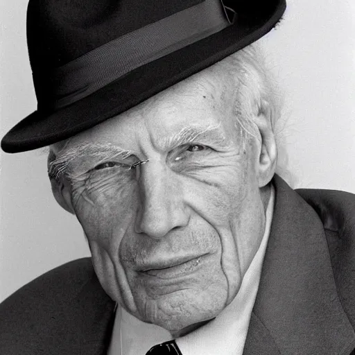 Image similar to A photograph portrait of old Jerma985 in his eighties who looks like Jerma985 wearing a suit with and fedora in the 1990s, taken in the early 1990s, grainy, taken on a 1990s Camera, realistic, hyperrealistic, very realistic, highly detailed, very detailed, extremely detailed, detailed, digital art, trending on artstation