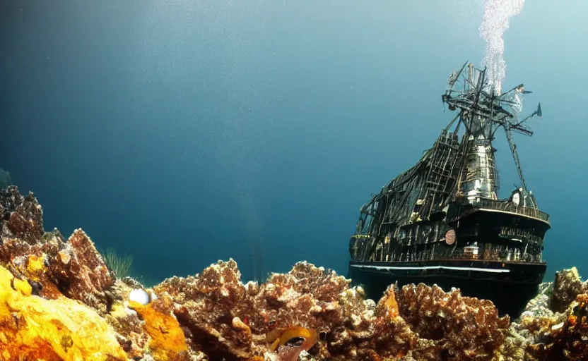 Image similar to cthuhlu at the bottom of the ocean looking up at a small steam ship