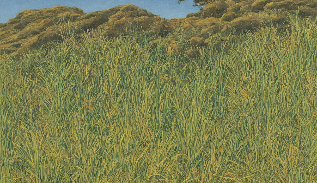 Prompt: cross section of hill dirt grass, close up, detailed by marianne north by moebius