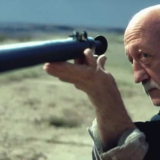 Prompt: A film still of Mike Ehrmantraut aiming a !!!sniper rifle!!!, 4k, !!highly detailed!!