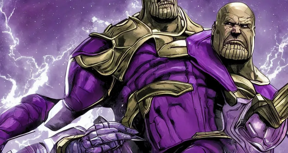 Prompt: Thanos in a three piece suit about to take on the avengers detailed realistic d&d