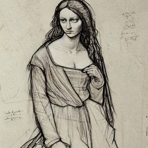 Image similar to of leonardo davinci drawing a beautiful girl full figure from today 2 0 2 2 wearing modern day clothes lots of loose sketches