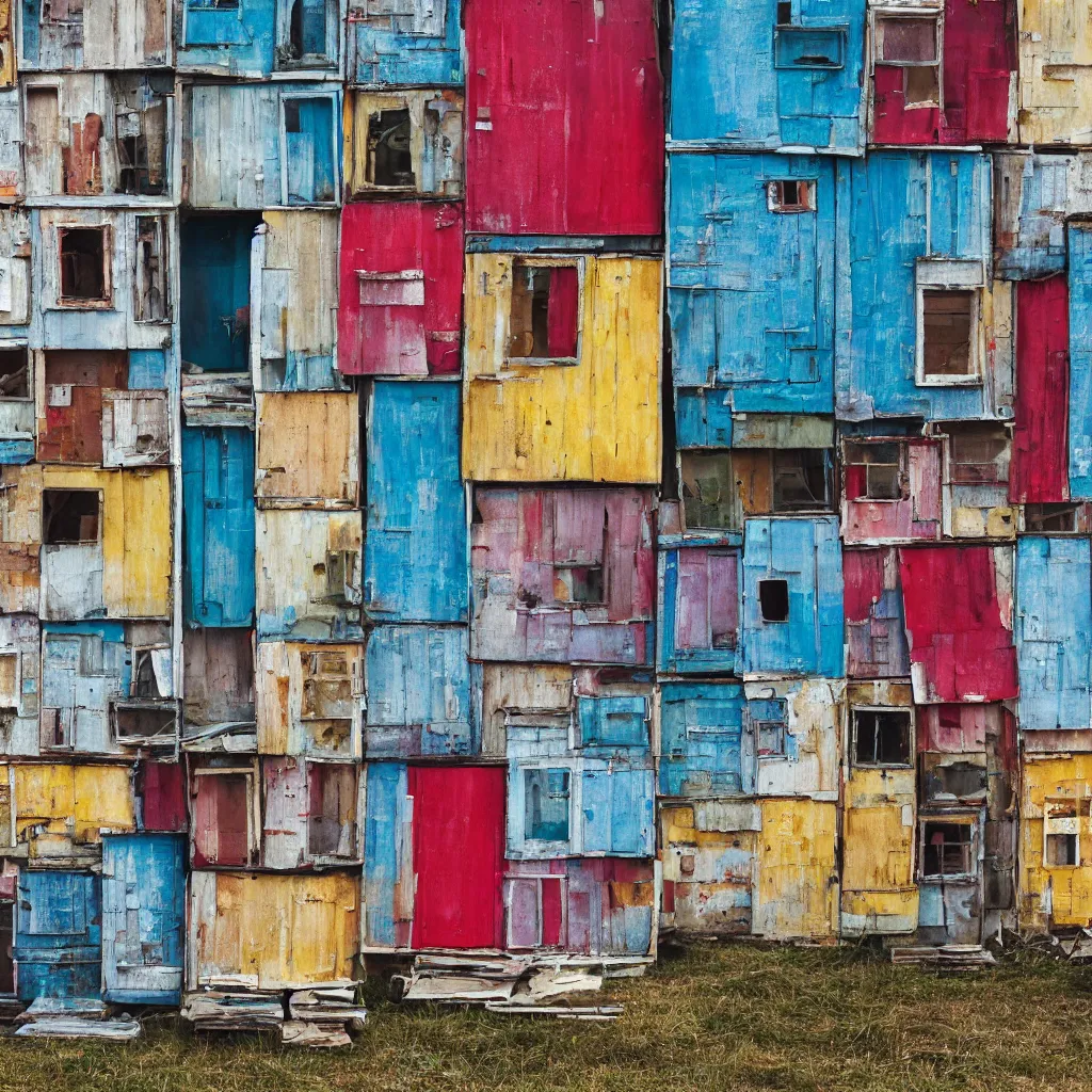 Prompt: close - up view of a tower made up of colourful makeshift squatter shacks, faded colours, plain off white sky, mamiya, very detailed, photographed by cristina de middel