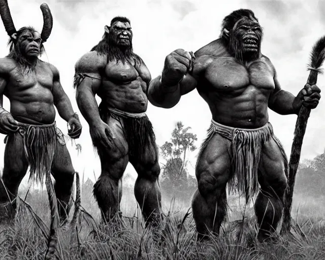 Image similar to hyper realistic group vintage photograph of a live action warcraft orc warrior tribe in the jungle, tall, hulk like physique, detailed faces, tribal paint, tribal armor, grain, old, monochrome, sepia toned, realistic lighting, wide angle