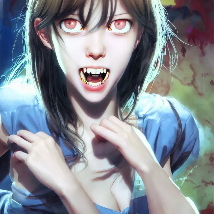 Image similar to nice quality and nice everything painting of a nice portrait of the popular girl at the psych ward laughing at the viewer, by Katsuhiro Otomo, Yoshitaka Amano, Nico Tanigawa, and Artgerm rendered with 3D effect.