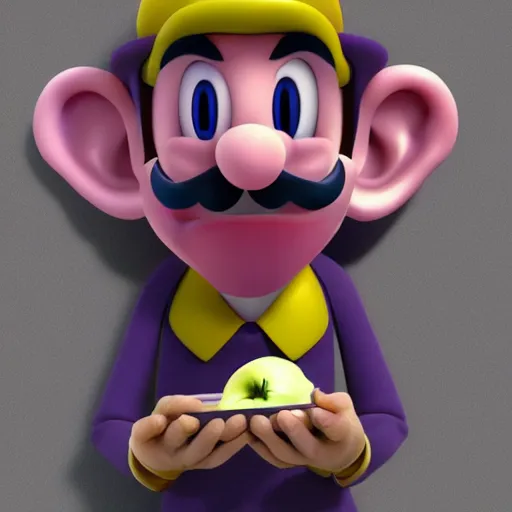 Prompt: waluigi eating apple, 3 d digital painting, cgsociety, artwork, 8 k, hyperdetalied,