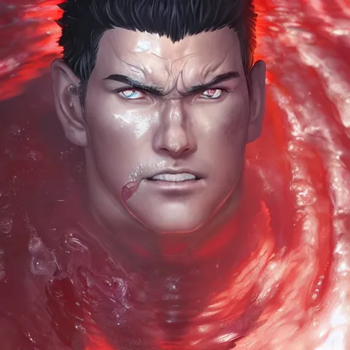 Image similar to portrait of guts from berserk submerged in red water, extremely detailed, made by wlop, maxwell boas, Sakimi chan