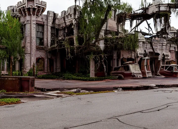 Image similar to cinematic shot of the outside of the Disney world park, shut down, abandoned, Florida, out of business, castle is falling apart and rusted, got shut down, kids place, liminal spaces, backrooms, empty, overgrown with weeds, crumbling, destroyed castle, completely obliterated, Disney world, theme park, dusty, Detroit, horror game, ugly, Disney, old and dirty, water damage, garbage everywhere, landfill