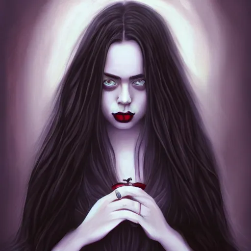 Prompt: a gothic portrait painting of billie eilish by cyril rolando
