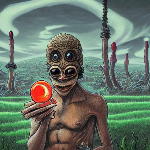 Image similar to A centered chest up portrait of a psychedelic lovecraftian godlike anthropomorphic frog smoking a hand-rolled cigarette smoking heavily , magic mushroom village in background . award winning. superb resolution. in the art style of junji Ito and greg rutkowski . Detailed Mushroom city in background. Hyper realistic anime. Perfect art. Dalle2