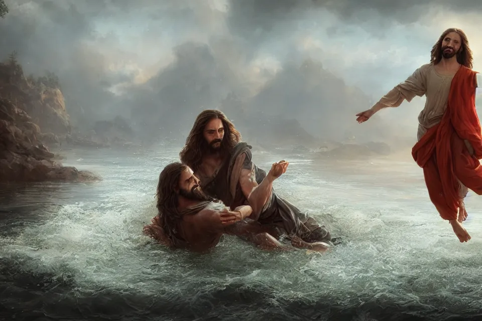 Prompt: An epic matte painting of Jesus saving me in the Water, beautiful, stunning, gorgeous, 4k resolution, professional digital art, by wlop and George Rutkowski, f16, intricate