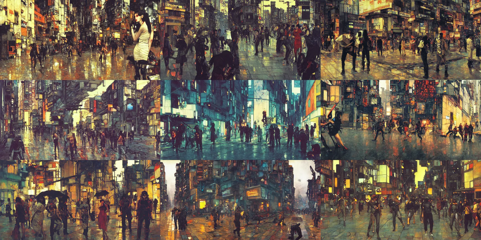 Prompt: A cyberpunk street riot painted by John William Waterhouse and Ilya Kuvshinov and Edward Hopper and Gustav Klimt. HD