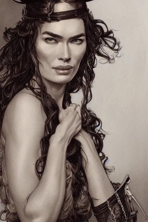 Prompt: stunning cowgirl who looks like lena headey, detailed full body portrait by james gurney and artgerm and Mucha, amazing detail, intricate, stunning inking lines, 4K, character design, concept art