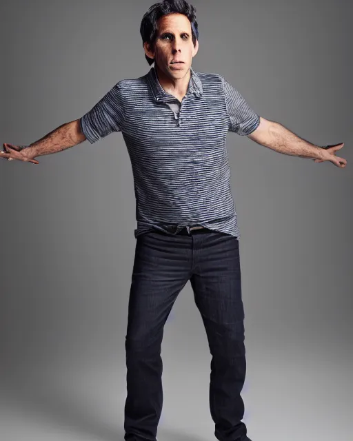 Image similar to Fully-clothed full-body portrait of Ben Stiller as a model, XF IQ4, 50mm, F1.4, studio lighting, professional, 8K